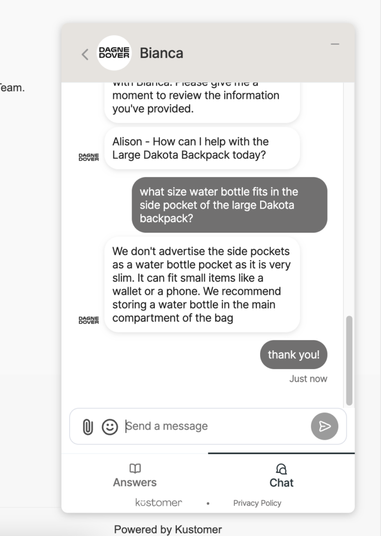 A screenshot of a discussion with live chat on the Dagne Dover website. I asked what size water bottle fits in the side pocket of the Large Dakota and am told to store a bottle inside not the pockets.